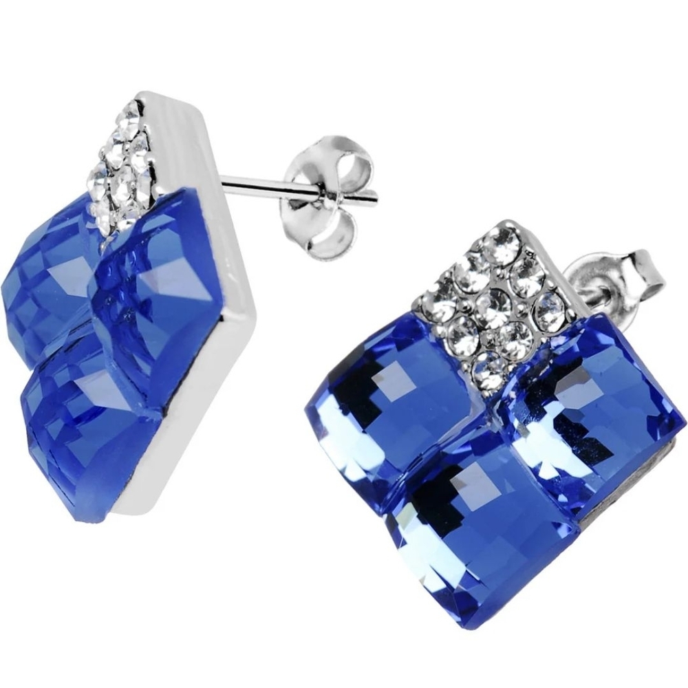 Blue and Crystal Geometric Block Earrings